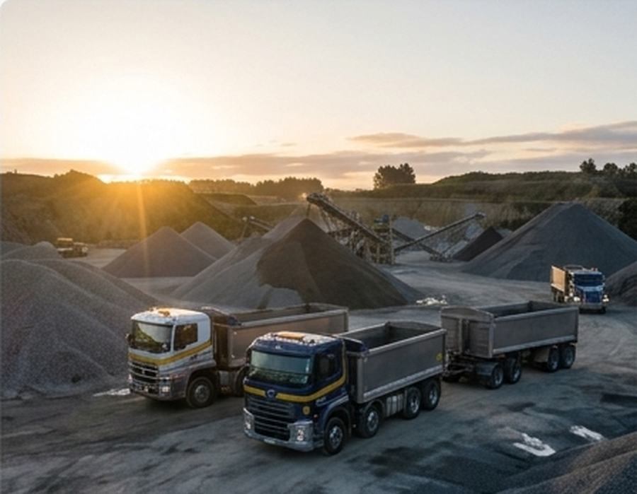 Tipper trucks parked at a quarry at sunset