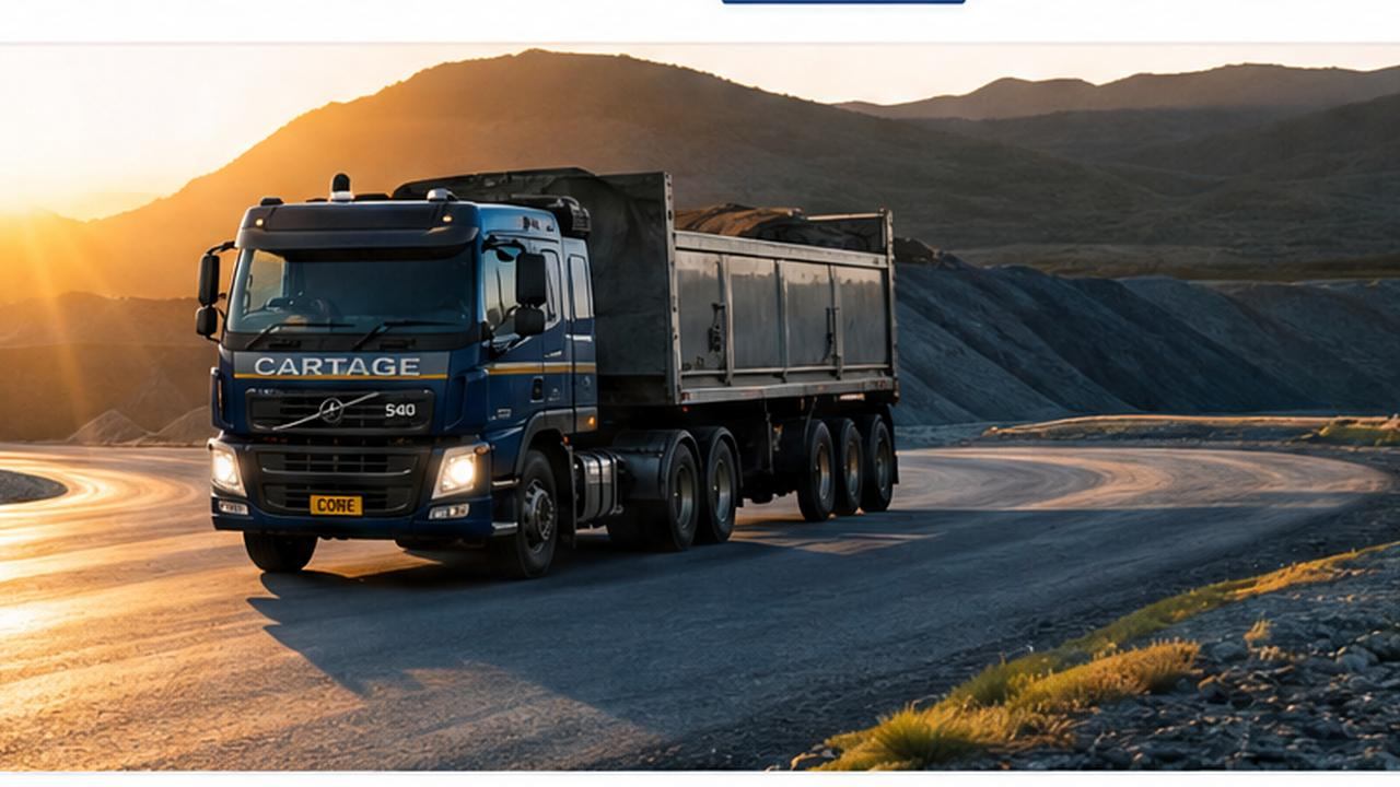 A tipper truck on a winding quarry road at sunset