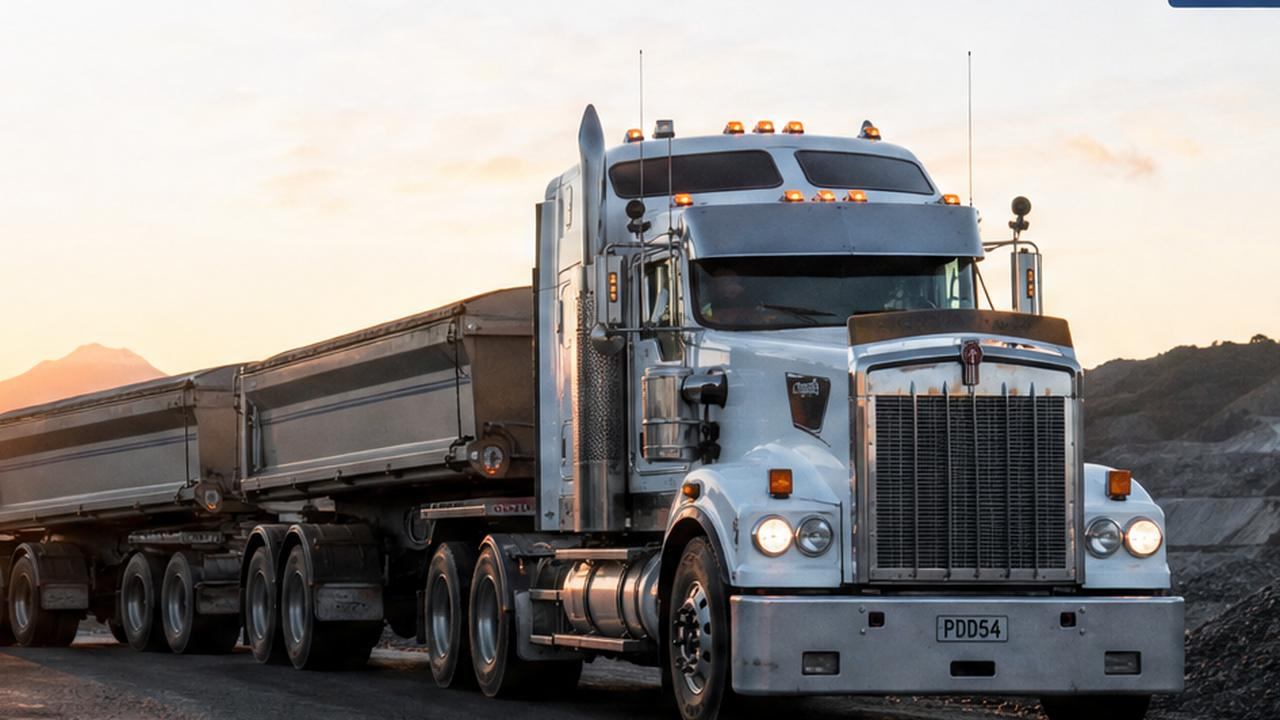 A white Kenworth truck hauling aggregate through a quarry at dusk