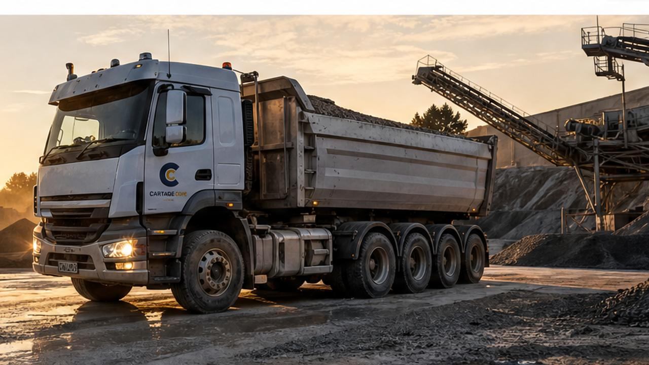 A white dump truck loaded with gravel at a quarry at sunset
