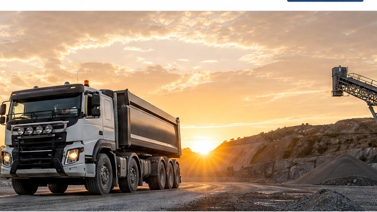 Dump truck and conveyor machinery at a quarry at sunset