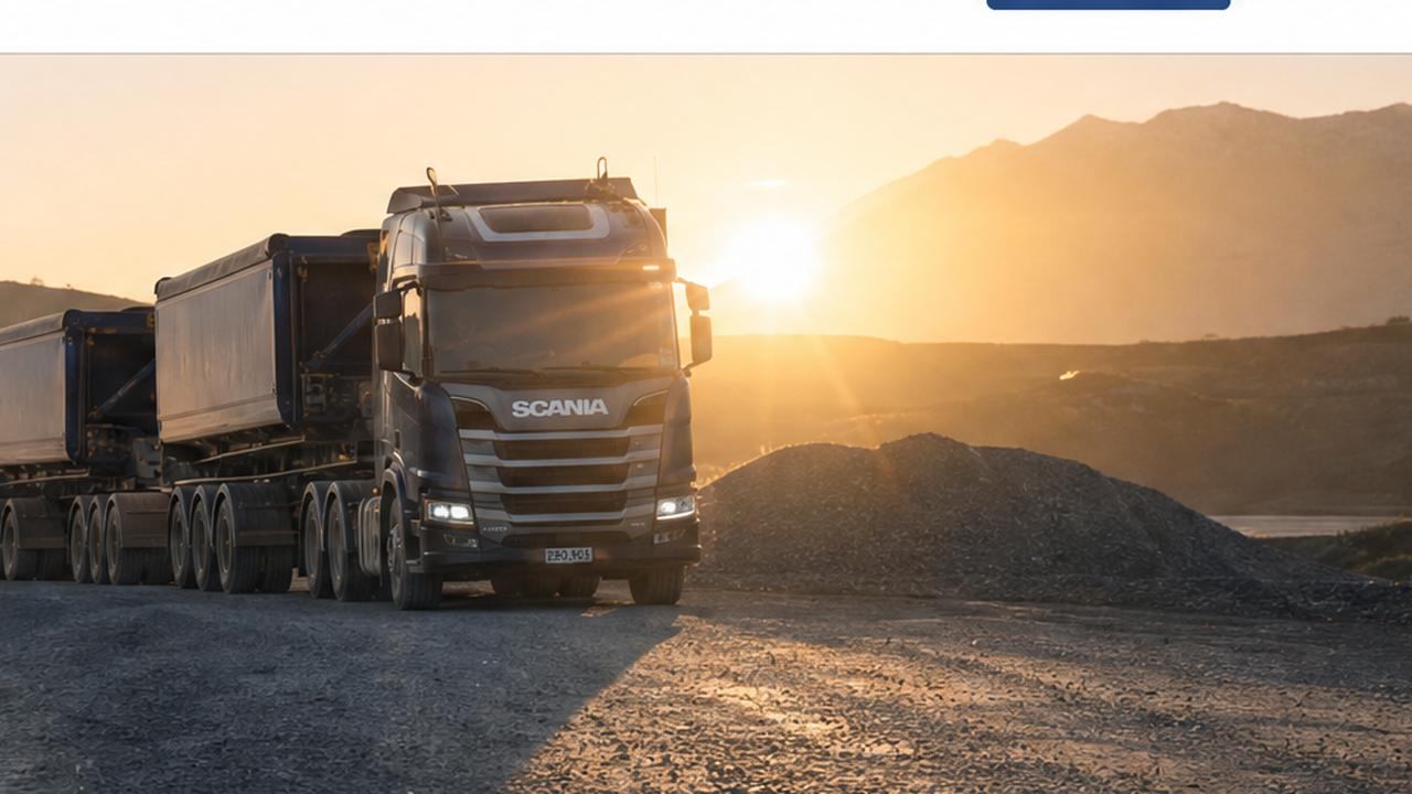 A dark truck with trailers on a quarry site at sunset