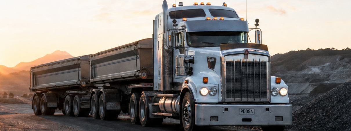 A white Kenworth truck hauling aggregate through a quarry at dusk