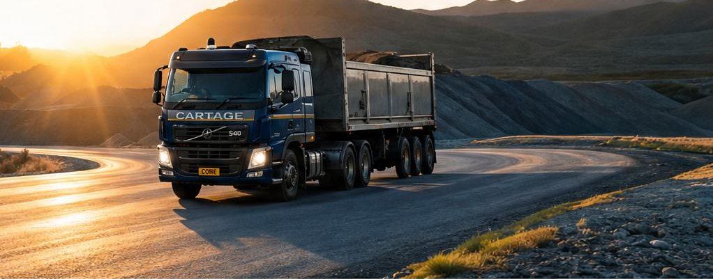 A tipper truck hauling through a quarry landscape at sunset