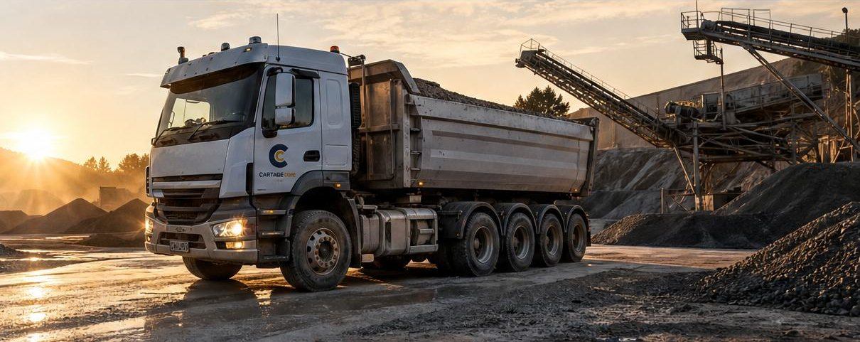 A white dump truck loaded with gravel in a quarry at sunset
