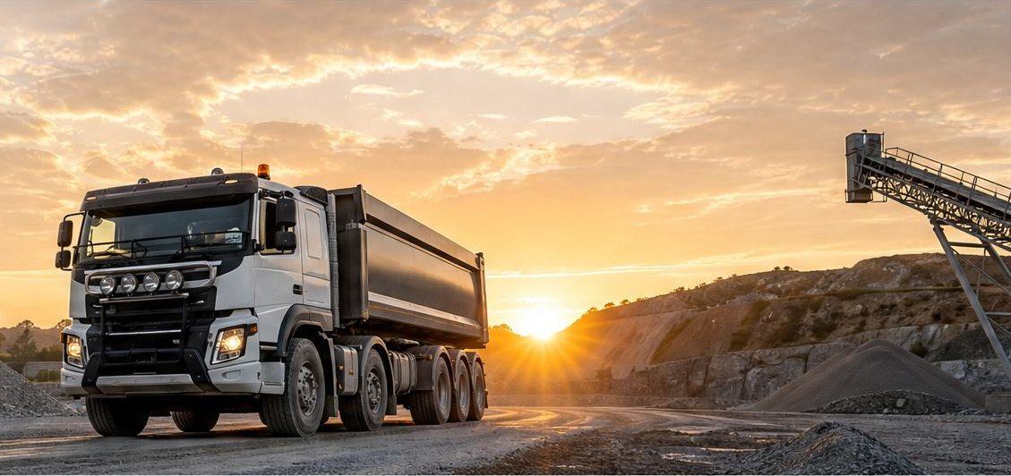 A white dump truck driving through a quarry at sunset with gravel stockpiles behind it